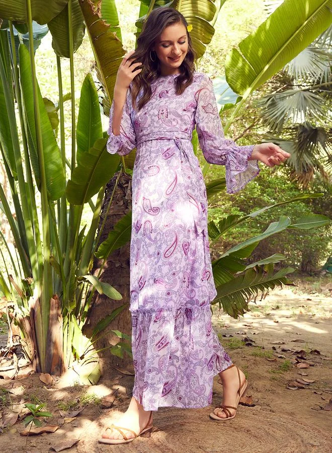 STREET 9 فستان ماكسي بطبعات زهور من ستريت  مع حزام