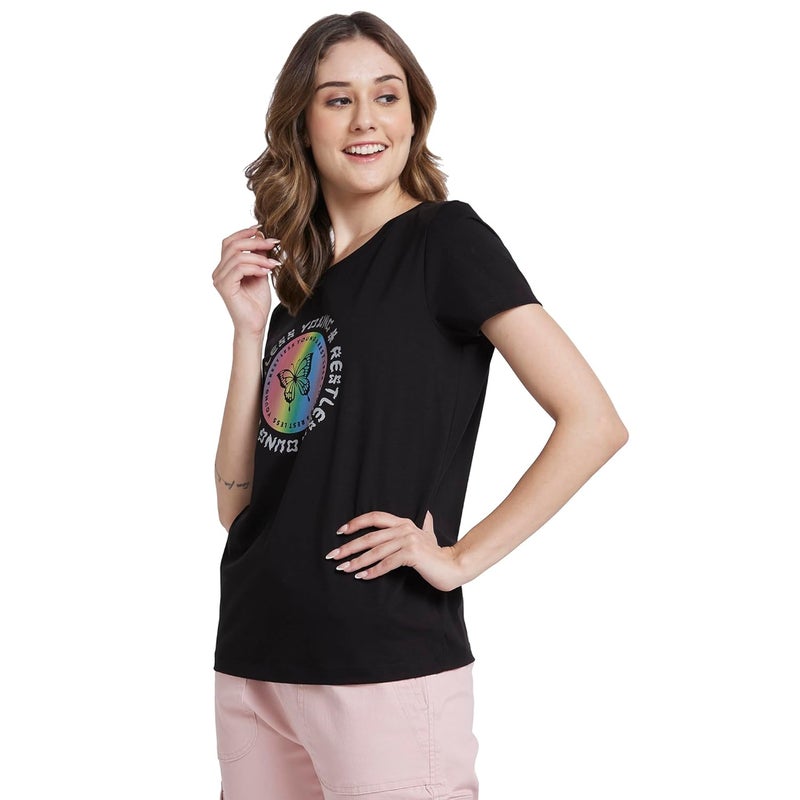 Spykar Women Black Blended Regular Fit Half Sleeve Round Neck Printed Tshirt - Image 4