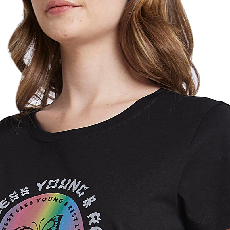 Spykar Women Black Blended Regular Fit Half Sleeve Round Neck Printed Tshirt - Image 5