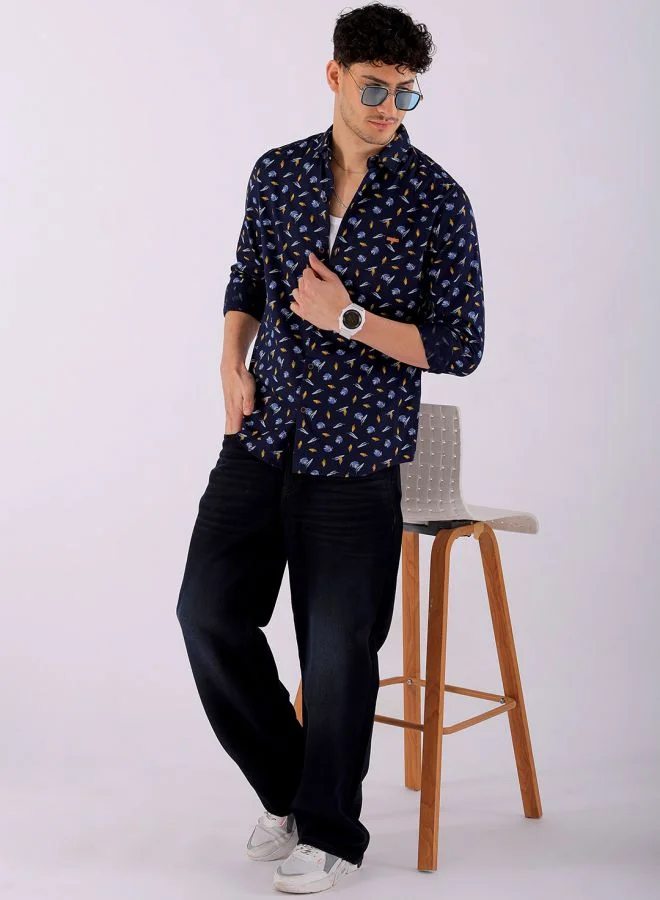 The Indian Garage Co Men Regular Fit Abstract Printed Full Sleeves Cutaway Collar Casual Shirt