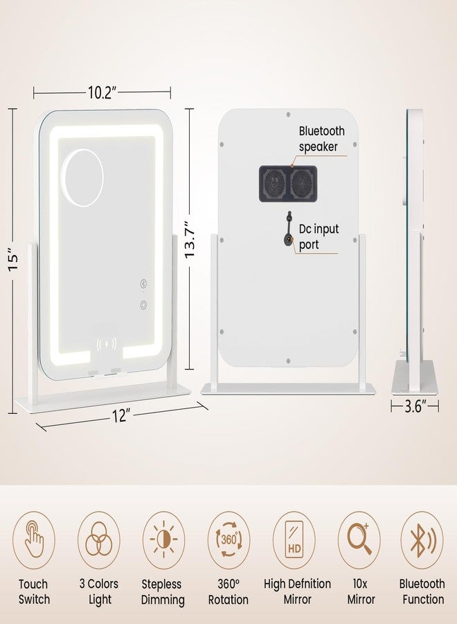 دريبكس مرآة مكياج مضيئة 5 في 1 من دريبكس مع مكبر صوت بلوتوث وشحن لاسلكي، مرآة مكياج LED مقاس 15 × 12 بوصة مع إضاءة بثلاثة ألوان قابلة للتعتيم، حامل هاتف، أزرار لمس، تكبير 10x - Image 5