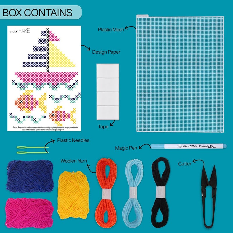 picknMAKE Cross Stitch Embroidery Kit For Beginners & Kids | DIY Learning & Hobby Craft Kit | Includes Plastic Mesh, Plastic Needle, Woolen Yarn, Design Sheet, Magic Pen & Instructions,Multicolor - Image 2