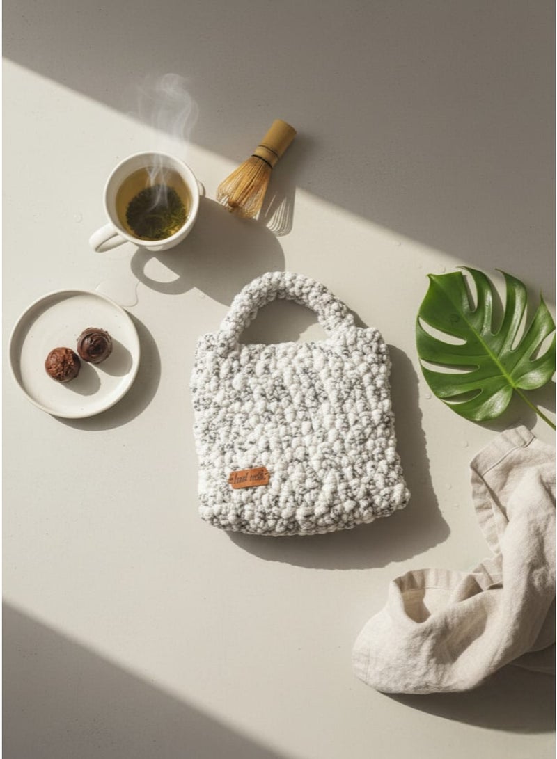 CROCHKA Chunky Handmade Winter Crochet Handbag - Salt and Pepper Pattern (White & Black) - Image 5