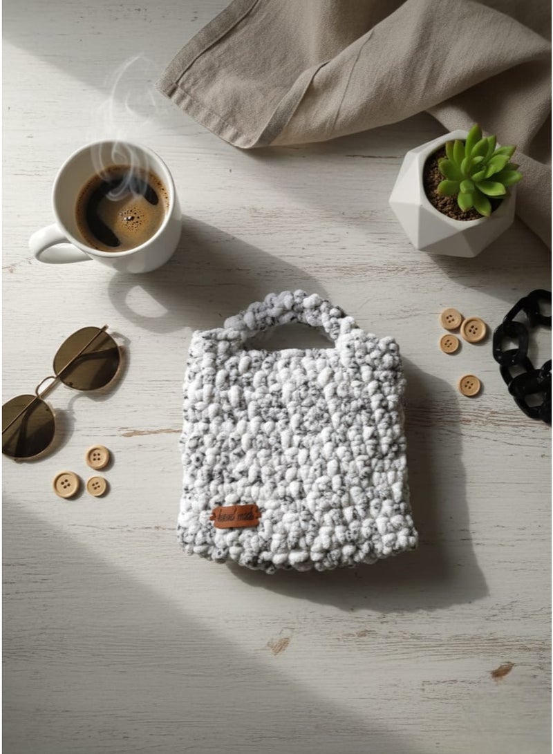 CROCHKA Chunky Handmade Winter Crochet Handbag - Salt and Pepper Pattern (White & Black) - Image 3