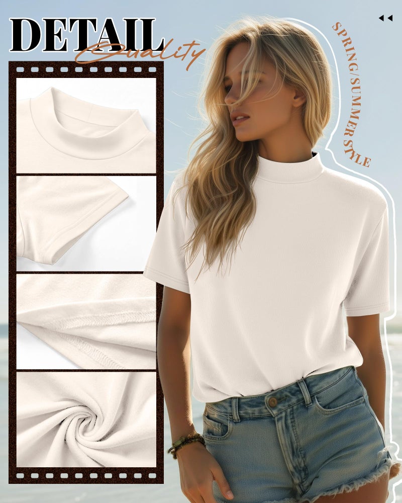 Ficerd 3 Pack Women's Mock Neck Shirts Short Sleeve Turtleneck Tops Slim Fitted Dressy Casual Tees Summer Basic Tshirts 2026(Black, Brown, Cream,Small) - Image 5