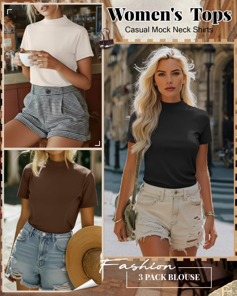 Ficerd 3 Pack Women's Mock Neck Shirts Short Sleeve Turtleneck Tops Slim Fitted Dressy Casual Tees Summer Basic Tshirts 2026(Black, Brown, Cream,Small) - Image 4