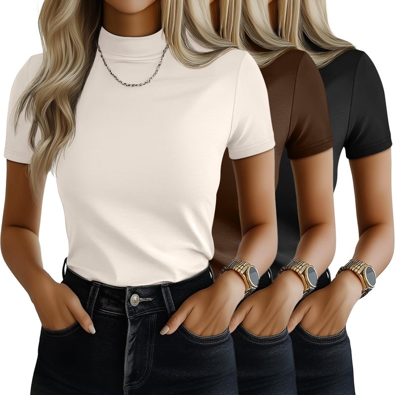 Ficerd 3 Pack Women's Mock Neck Shirts Short Sleeve Turtleneck Tops Slim Fitted Dressy Casual Tees Summer Basic Tshirts 2026(Black, Brown, Cream,Small) - Image 1