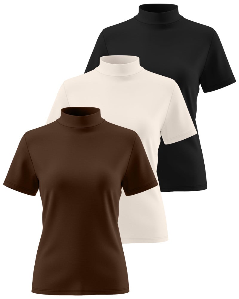 Ficerd 3 Pack Women's Mock Neck Shirts Short Sleeve Turtleneck Tops Slim Fitted Dressy Casual Tees Summer Basic Tshirts 2026(Black, Brown, Cream,Small) - Image 3