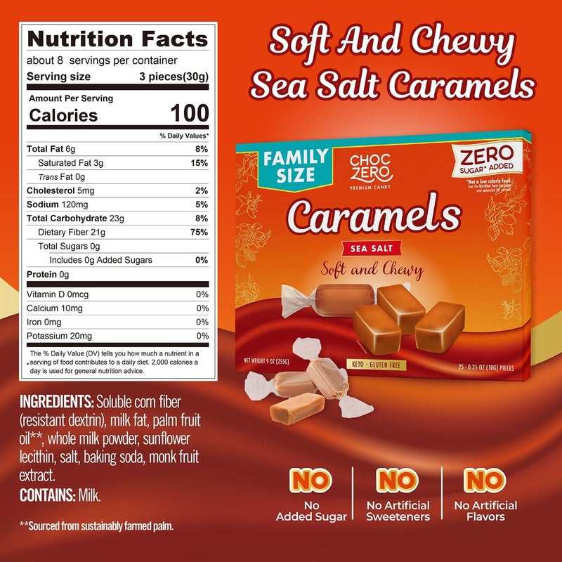 ChocZero Sugar Free Sea Salt Caramels - Keto Friendly, All Natural, Low Carb Snack (9oz Box) - Image 2