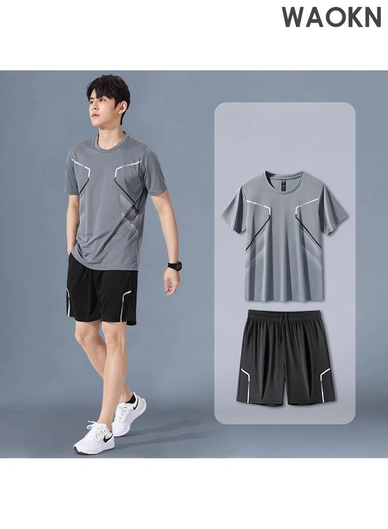 دبليو أيه أو كي أن طقم ملابس رياضية رجالي من قطعتين، ملابس جري صيفية سريعة الجفاف، تي شيرت وشورت بأكمام قصيرة، ملابس تدريب لياقة بدنية، ملابس رياضية خفيفة الوزن للصالة الرياضية والركض وركوب الدراجات والأنشطة الخارجية - Image 1