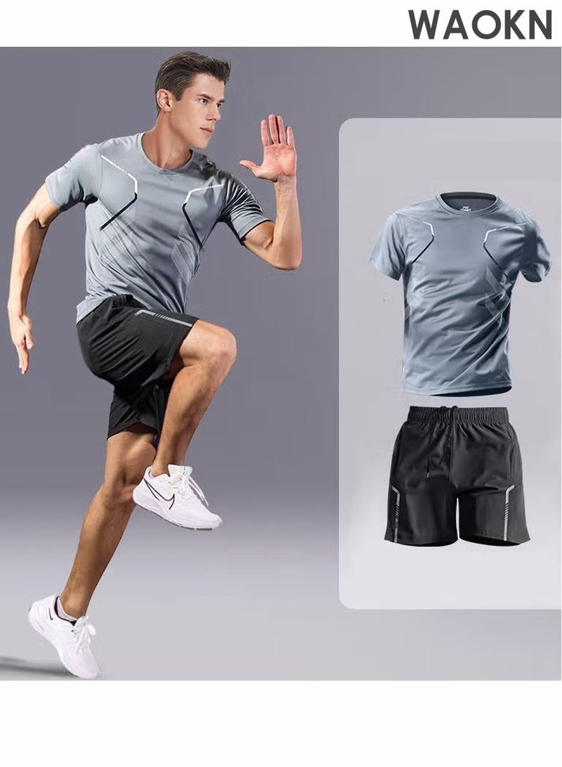 دبليو أيه أو كي أن طقم ملابس رياضية رجالي من قطعتين، ملابس جري صيفية سريعة الجفاف، تي شيرت وشورت بأكمام قصيرة، ملابس تدريب لياقة بدنية، ملابس رياضية خفيفة الوزن للصالة الرياضية والركض وركوب الدراجات والأنشطة الخارجية - Image 2