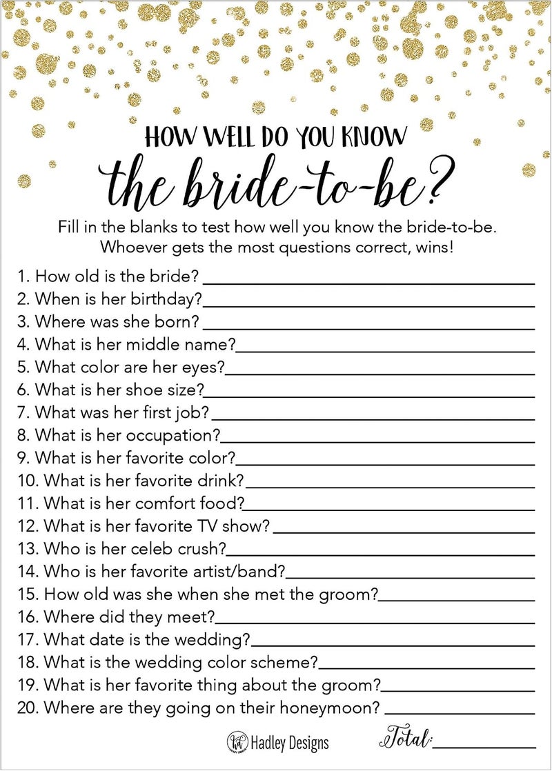 Hadley Designs 25 Black and Gold How Well Do You Know The Bride Bridal Wedding Shower Game - Image 1