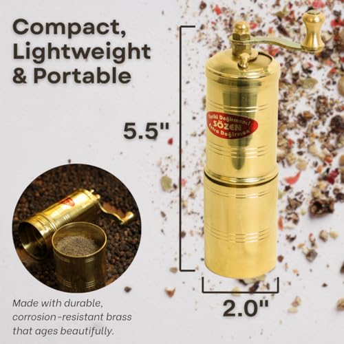 Ottoman Inspirations Sozen 5.5" Manual Pepper Grinder Brass – Handmade Turkish Pepper Mill, Conical Burr Spice Grinder, Portable Hand Crank Mill for Salt, Peppercorns, and Other Spices with Durable Brass Decor - Image 3