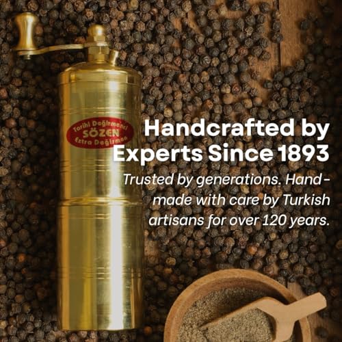 Ottoman Inspirations Sozen 5.5" Manual Pepper Grinder Brass – Handmade Turkish Pepper Mill, Conical Burr Spice Grinder, Portable Hand Crank Mill for Salt, Peppercorns, and Other Spices with Durable Brass Decor - Image 4