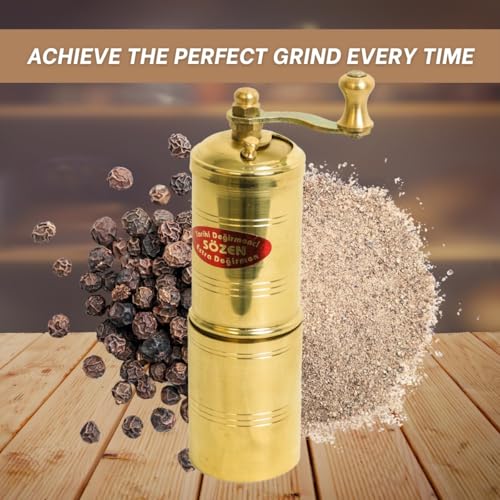 Ottoman Inspirations Sozen 5.5" Manual Pepper Grinder Brass – Handmade Turkish Pepper Mill, Conical Burr Spice Grinder, Portable Hand Crank Mill for Salt, Peppercorns, and Other Spices with Durable Brass Decor - Image 5