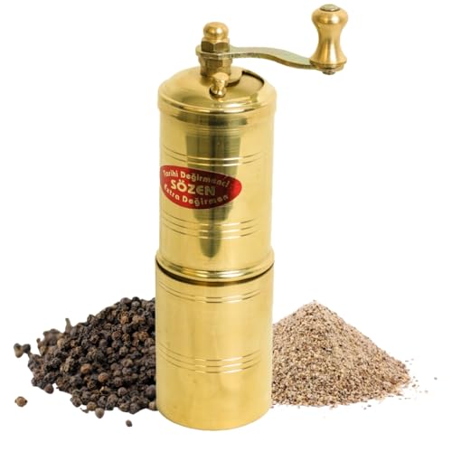 Ottoman Inspirations Sozen 5.5" Manual Pepper Grinder Brass – Handmade Turkish Pepper Mill, Conical Burr Spice Grinder, Portable Hand Crank Mill for Salt, Peppercorns, and Other Spices with Durable Brass Decor - Image 1