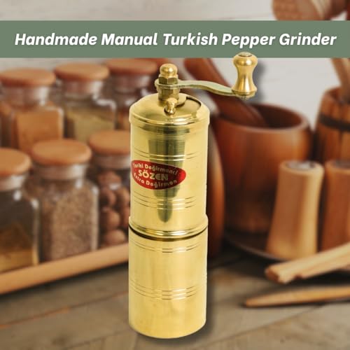 Ottoman Inspirations Sozen 5.5" Manual Pepper Grinder Brass – Handmade Turkish Pepper Mill, Conical Burr Spice Grinder, Portable Hand Crank Mill for Salt, Peppercorns, and Other Spices with Durable Brass Decor - Image 2