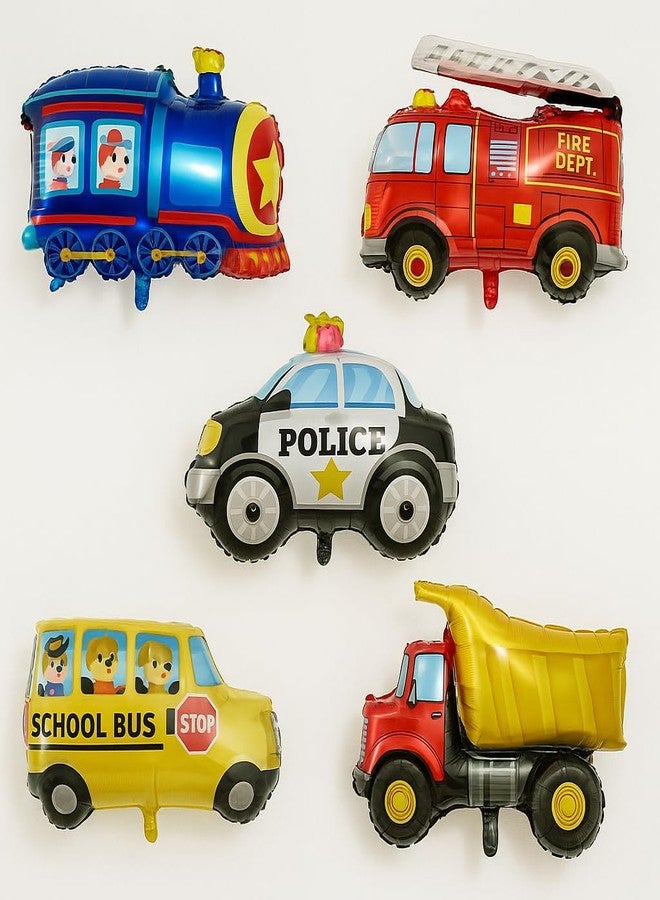 AMFIN Transport theme birthday decoration/Bus foil balloon/School Bus Foil/Kids Decoration Items/Train Foil Balloon for Kids Party/Police Theme foil - Pack of 5 - Image 1