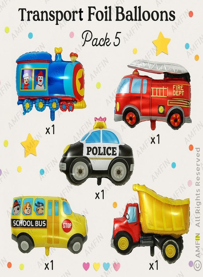 AMFIN Transport theme birthday decoration/Bus foil balloon/School Bus Foil/Kids Decoration Items/Train Foil Balloon for Kids Party/Police Theme foil - Pack of 5 - Image 2