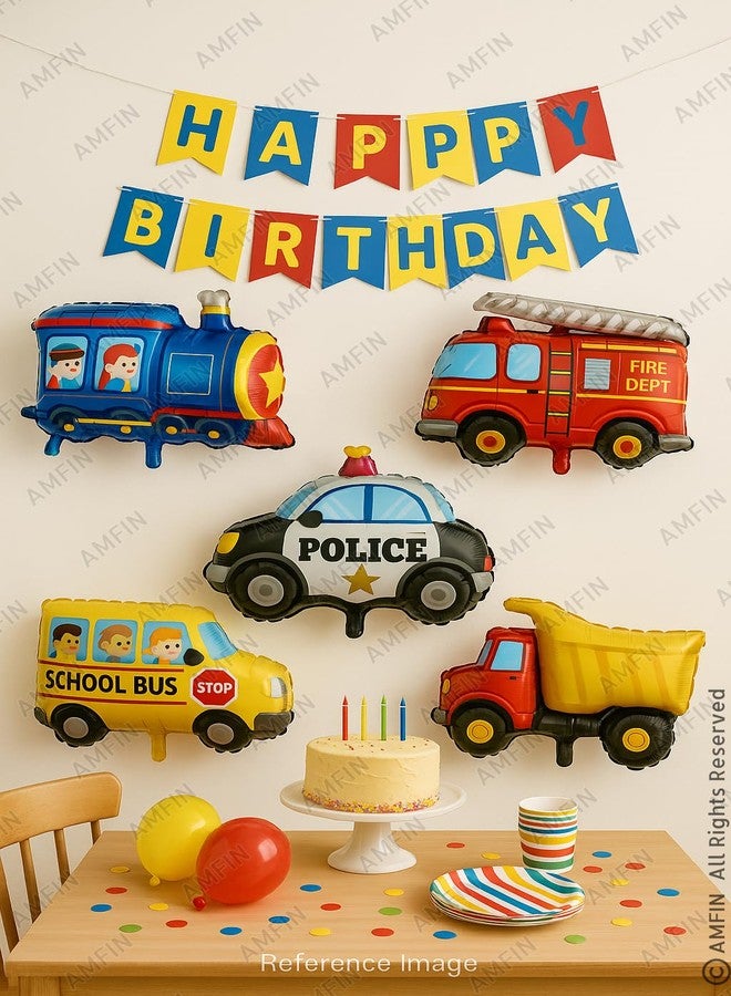 AMFIN Transport theme birthday decoration/Bus foil balloon/School Bus Foil/Kids Decoration Items/Train Foil Balloon for Kids Party/Police Theme foil - Pack of 5 - Image 5
