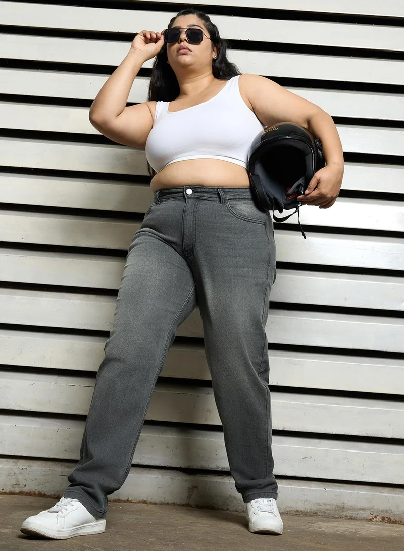 HIGH STAR Women's Light Grey Cotton Blend Bleached Full Length Slim Fit Jeans