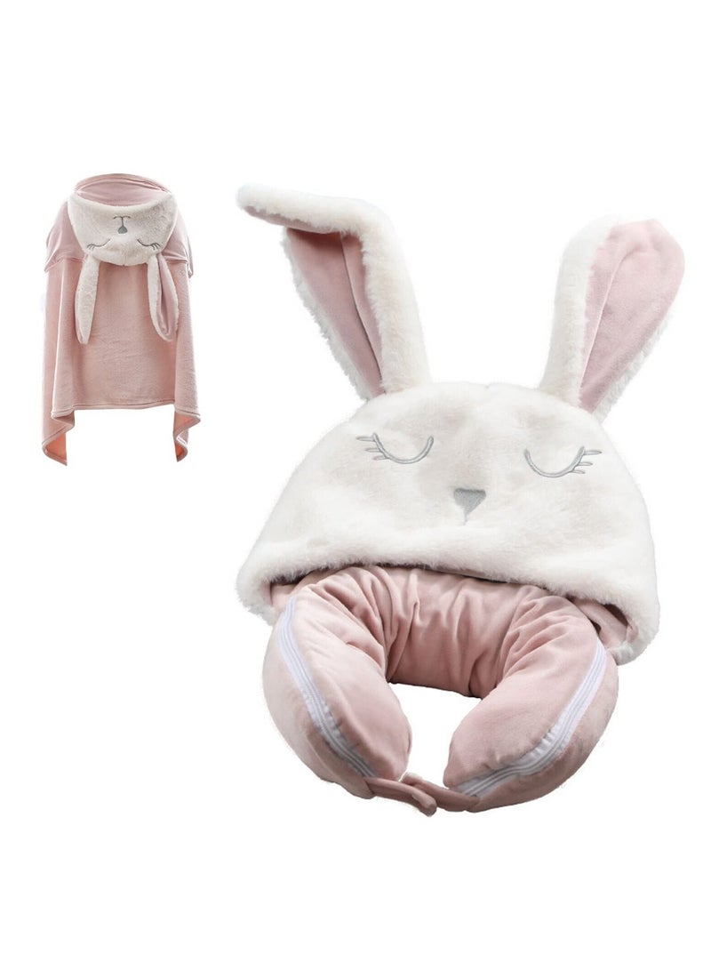 SYOSI, Travel Neck Pillow Blanket, Pillows and Blanket 2 in 1, for Long Flight Fleece Soft Large Essentials for Airplane with Hat Keep, for Car Train Travel - Image 1