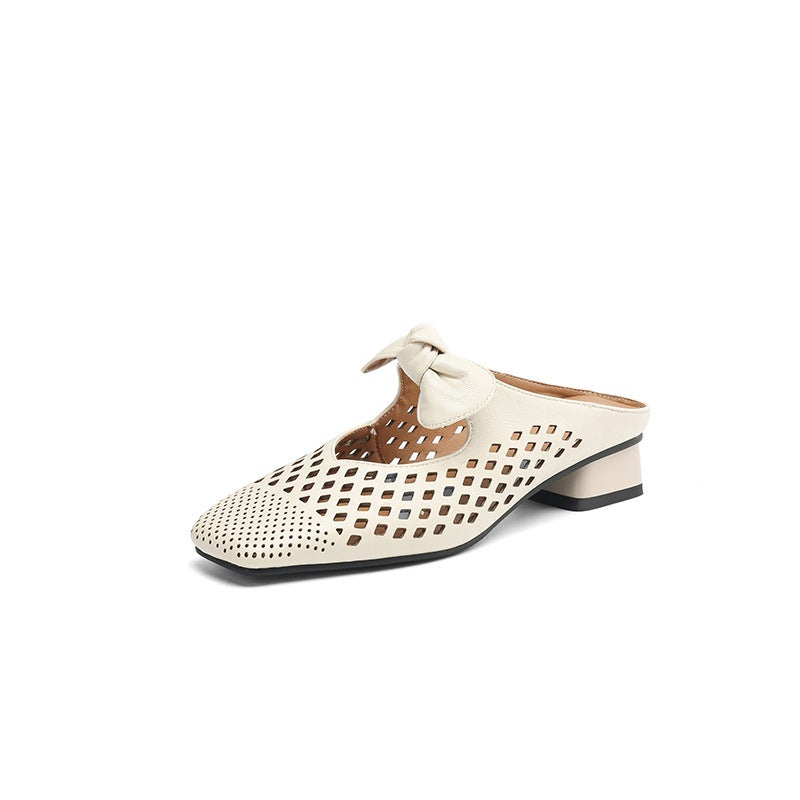 2025 Export Style Small Fresh Low-Heeled 32-43 French Square Toe Hollow Outdoor Slippers For Women - Image 1