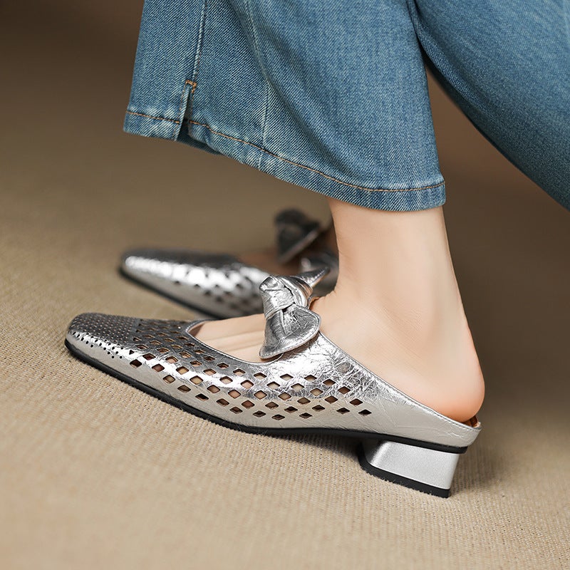 2025 Export Style Small Fresh Low-Heeled 32-43 French Square Toe Hollow Outdoor Slippers For Women - Image 4
