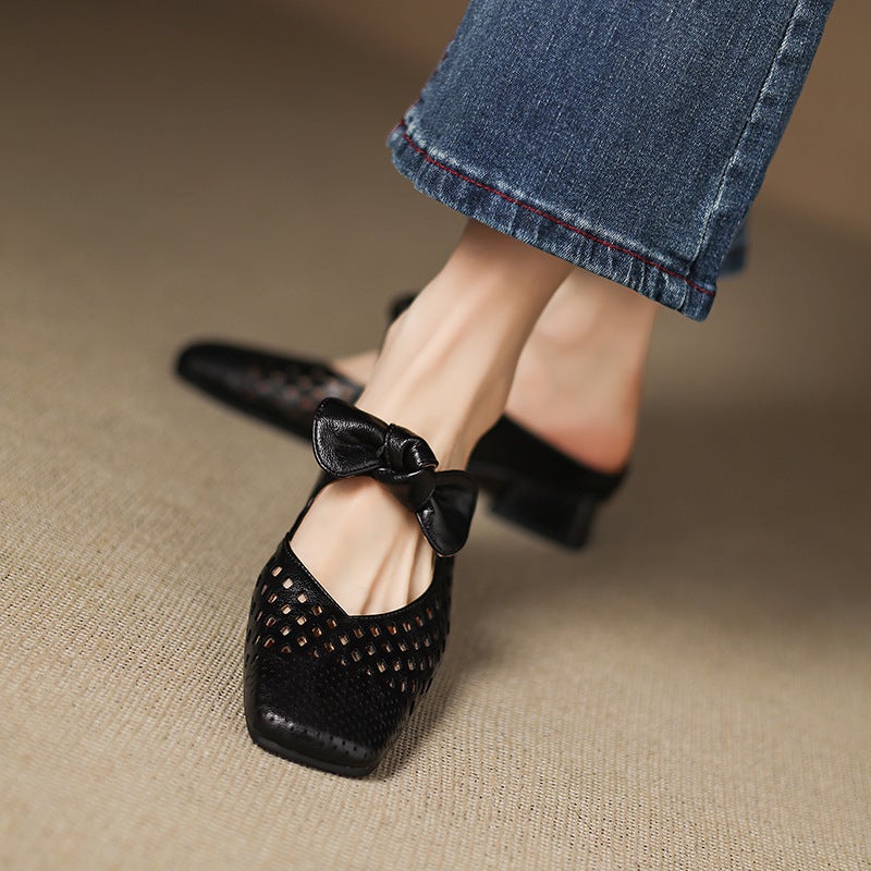 2025 Export Style Small Fresh Low-Heeled 32-43 French Square Toe Hollow Outdoor Slippers For Women - Image 5