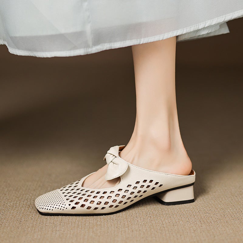2025 Export Style Small Fresh Low-Heeled 32-43 French Square Toe Hollow Outdoor Slippers For Women - Image 2