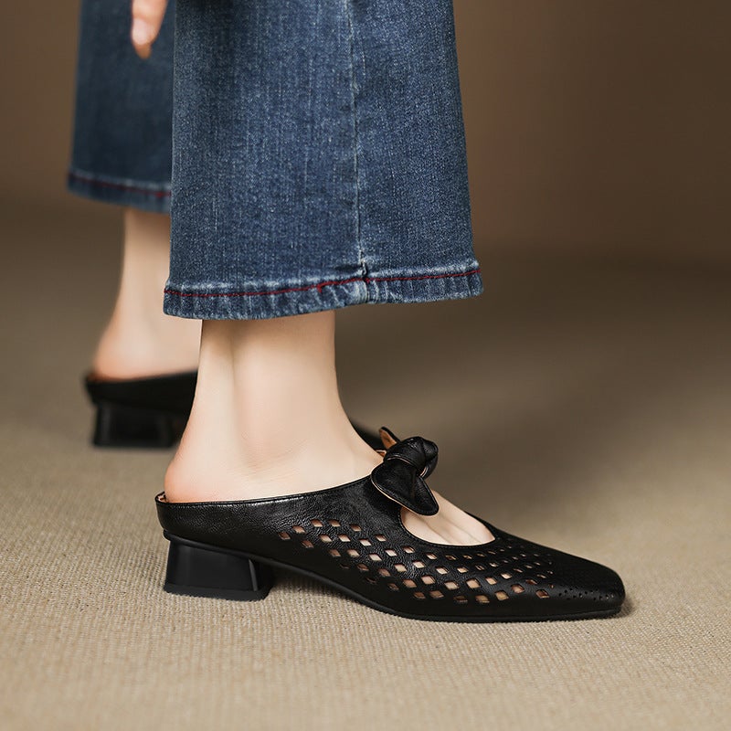 2025 Export Style Small Fresh Low-Heeled 32-43 French Square Toe Hollow Outdoor Slippers For Women - Image 3