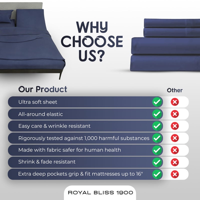 Royal Bliss 1900 ROYAL BLISS TOP Split King Royal Collection 1900 Egyptian Cotton Bamboo Quality Bed Sheet Set with 1 Fitted Sheet with 36in Split TOP  1 King Flat and 2 King P/Cases.No Wrinkle (Navy Blue)  - Image 5