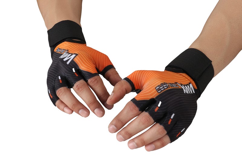 NEVER LOSE Unisex Leather Gym Gloves | for Professional Weightlifting, Fitness Training and Workout | with Half-Finger Length, Wrist Wrap for Protection (XL, Pro Grip Orange) - Image 1