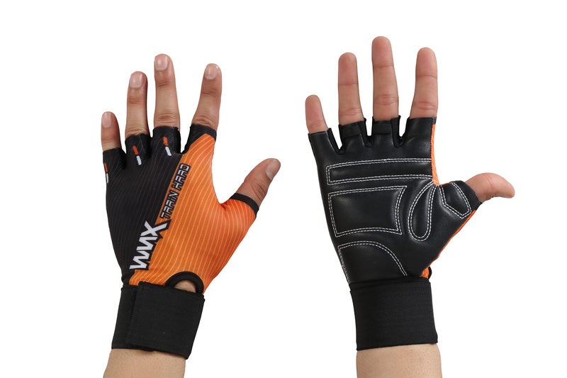 NEVER LOSE Unisex Leather Gym Gloves | for Professional Weightlifting, Fitness Training and Workout | with Half-Finger Length, Wrist Wrap for Protection (XL, Pro Grip Orange) - Image 4