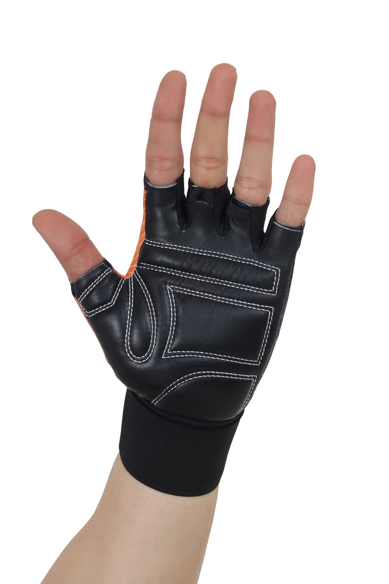 NEVER LOSE Unisex Leather Gym Gloves | for Professional Weightlifting, Fitness Training and Workout | with Half-Finger Length, Wrist Wrap for Protection (XL, Pro Grip Orange) - Image 5