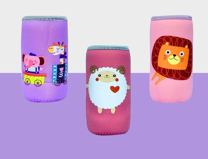 Alya The Cheeky Kidzz Pack of 3 Adjustable Reusable Baby Feeding Bottle Cover Sleeves Cartoon Prints with Holding Strap Suitable for 120ml 220ml 240ml Slim Neck Feeding Milk/Water Feeder Bottles(Design 1) - Image 1