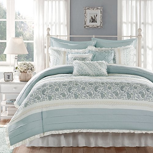 Madison Park Dawn 100% Cotton Duvet Set Floral Shabby Chic Design All Season Comforter Cover Bedding, Matching Shams, Percale Light Weight Bed Comforter Covers, King(104"x92"), Blue 9 Piece , Aqua - Image 1