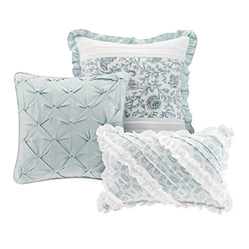 Madison Park Dawn 100% Cotton Duvet Set Floral Shabby Chic Design All Season Comforter Cover Bedding, Matching Shams, Percale Light Weight Bed Comforter Covers, King(104"x92"), Blue 9 Piece , Aqua - Image 4