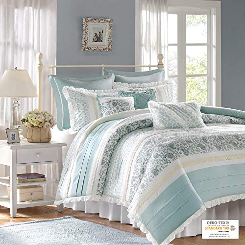 Madison Park Dawn 100% Cotton Duvet Set Floral Shabby Chic Design All Season Comforter Cover Bedding, Matching Shams, Percale Light Weight Bed Comforter Covers, King(104"x92"), Blue 9 Piece , Aqua - Image 3