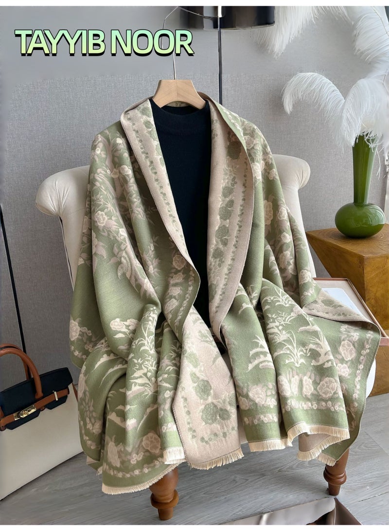 TAYYIB NOOR Ultra Soft Imitation Cashmere Shawl Wrap, Floral Print with Tassels, Thick & Warm Scarf Cape, Versatile Fashion for Evening Dressing Blanket, Shawl Wraps Outnerwear for Autumn and Winter - Green - Image 1