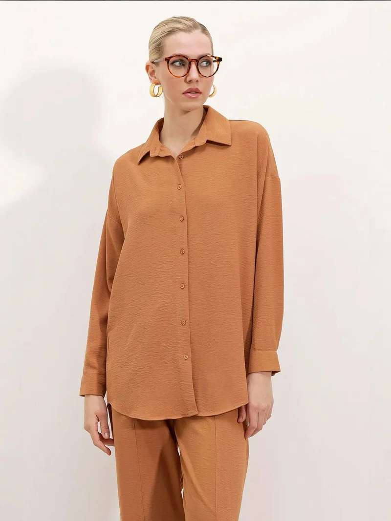 Big Dart Camel Brown BDART Oversized Textured Seersucker Two-Piece Set with Shirt Collar for Women | Best Price UAE