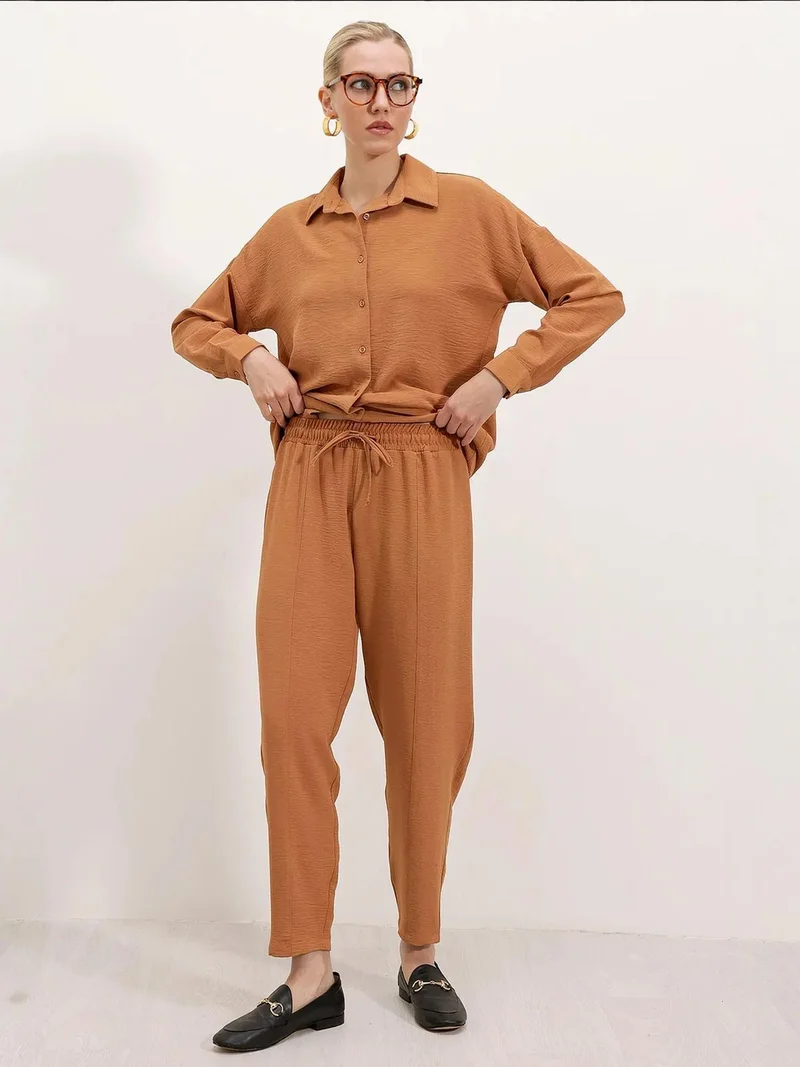 Big Dart Camel Brown BDART Oversized Textured Seersucker Two-Piece Set with Shirt Collar for Women | Best Price UAE
