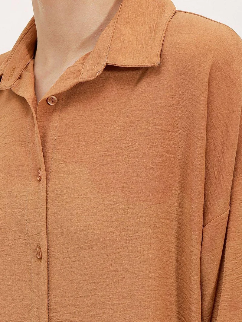 Big Dart Camel Brown BDART Oversized Textured Seersucker Two-Piece Set with Shirt Collar for Women | Best Price UAE