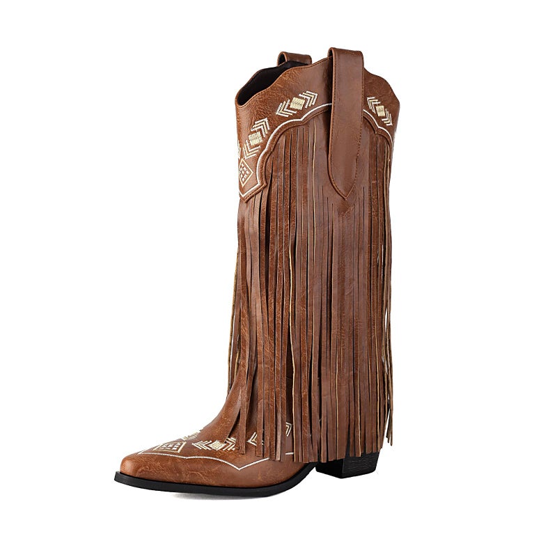 AIJIVOU Embroidered Fringe Cowboy Boots for Women Pull On Mid Calf Chunky Block Heel Pointed Toe Western Cowgirl Boots Riding Country Boot Retro Boots brown 95 M US