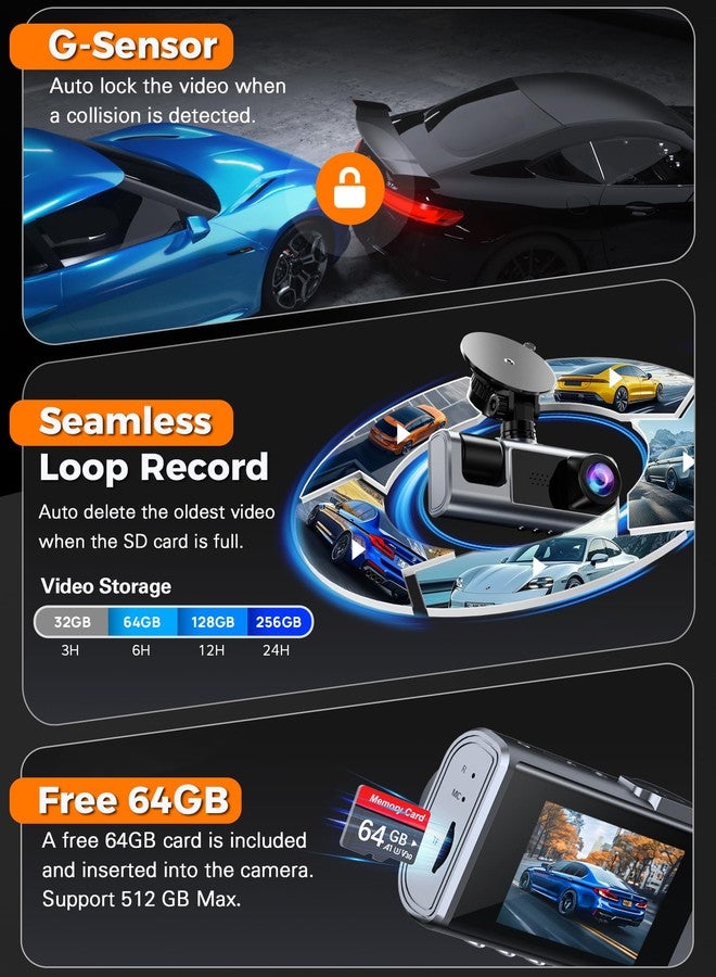 Galphi 3 Channel WiFi Dash Cam Front and Rear Inside with 64GB SD Card, 2.5K+1080P+1080P Car Dash Camera for Cars Front and Rear, Dashcam with G-Sensor, Loop Recording, 24H Parking Mode, Support 512GB - Image 4