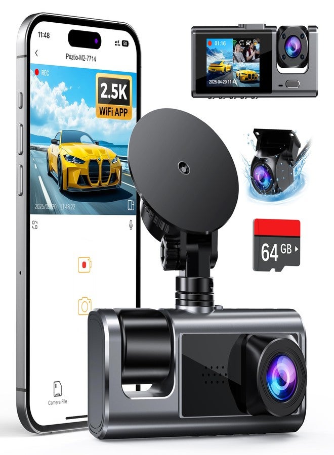 Galphi 3 Channel WiFi Dash Cam Front and Rear Inside with 64GB SD Card, 2.5K+1080P+1080P Car Dash Camera for Cars Front and Rear, Dashcam with G-Sensor, Loop Recording, 24H Parking Mode, Support 512GB - Image 1