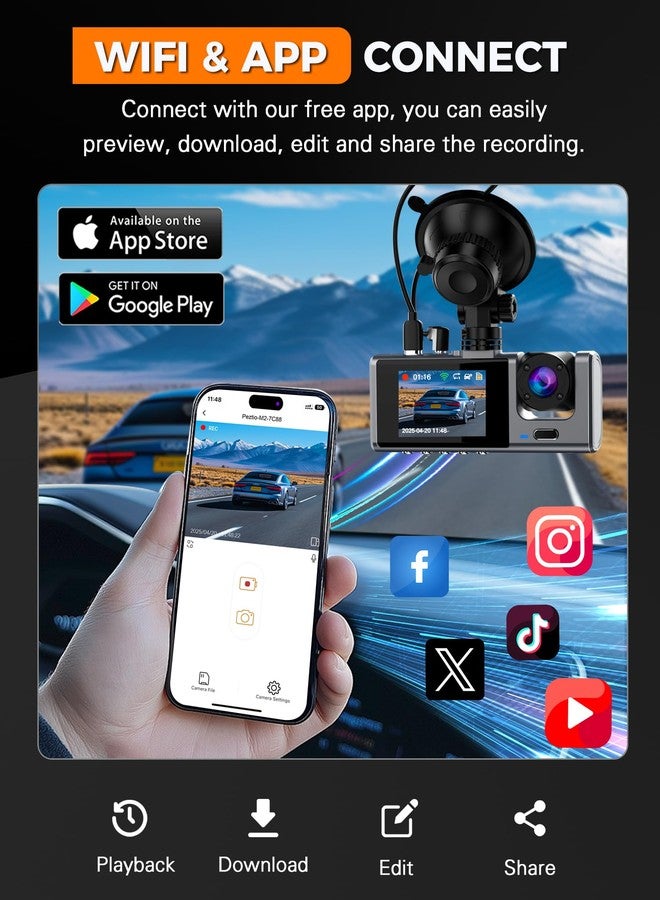 Galphi 3 Channel WiFi Dash Cam Front and Rear Inside with 64GB SD Card, 2.5K+1080P+1080P Car Dash Camera for Cars Front and Rear, Dashcam with G-Sensor, Loop Recording, 24H Parking Mode, Support 512GB - Image 3