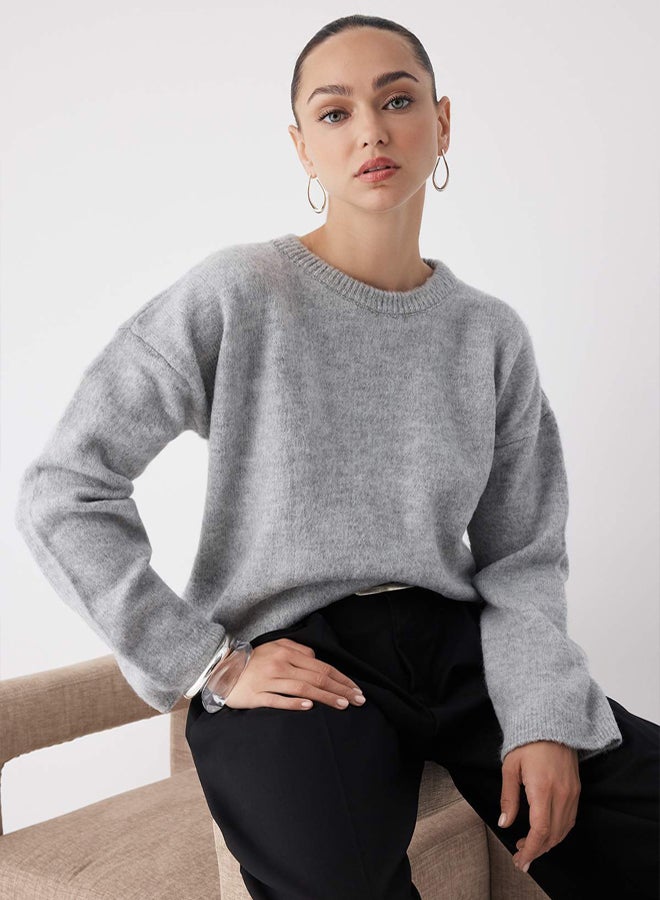 trendyol Grey Soft Texture Wide Pattern Basic Knitwear Sweater - Image 1