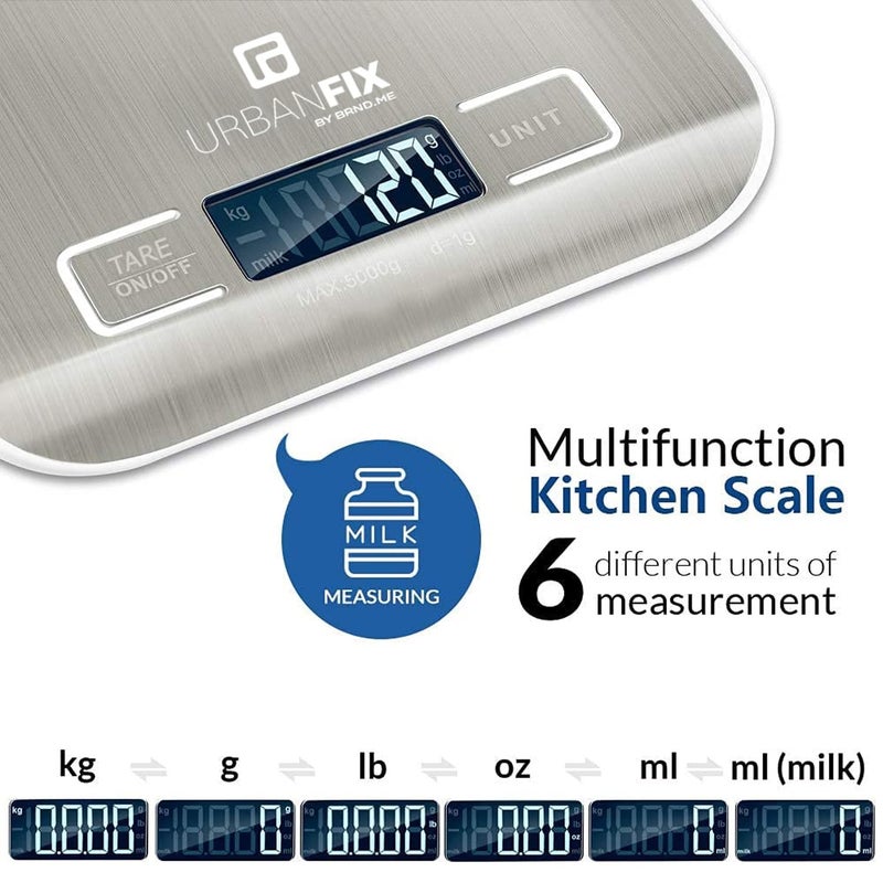URBANFIX Stainless Steel Digital Kitchen Weighing Scale Food Weight Machine for Diet Nutrition Health Fitness Baking Cooking 5Kgs Stainless Steel 2 Years Warranty - Image 3