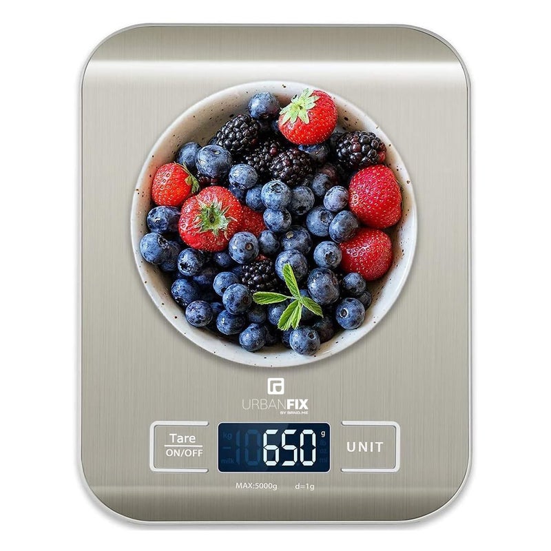 URBANFIX Stainless Steel Digital Kitchen Weighing Scale Food Weight Machine for Diet Nutrition Health Fitness Baking Cooking 5Kgs Stainless Steel 2 Years Warranty - Image 1